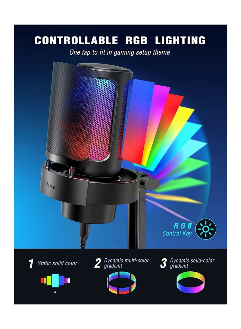 FIFINE Gaming Microphone, USB PC Mic For Streaming, Podcasts, Recording, Condenser Computer Desktop Mic On Mac/PS4/PS5, With RGB Control, Mute Touch, Headphone Jack, Pop Filter, Stand- AmpliGame A8 Black  - Image 2