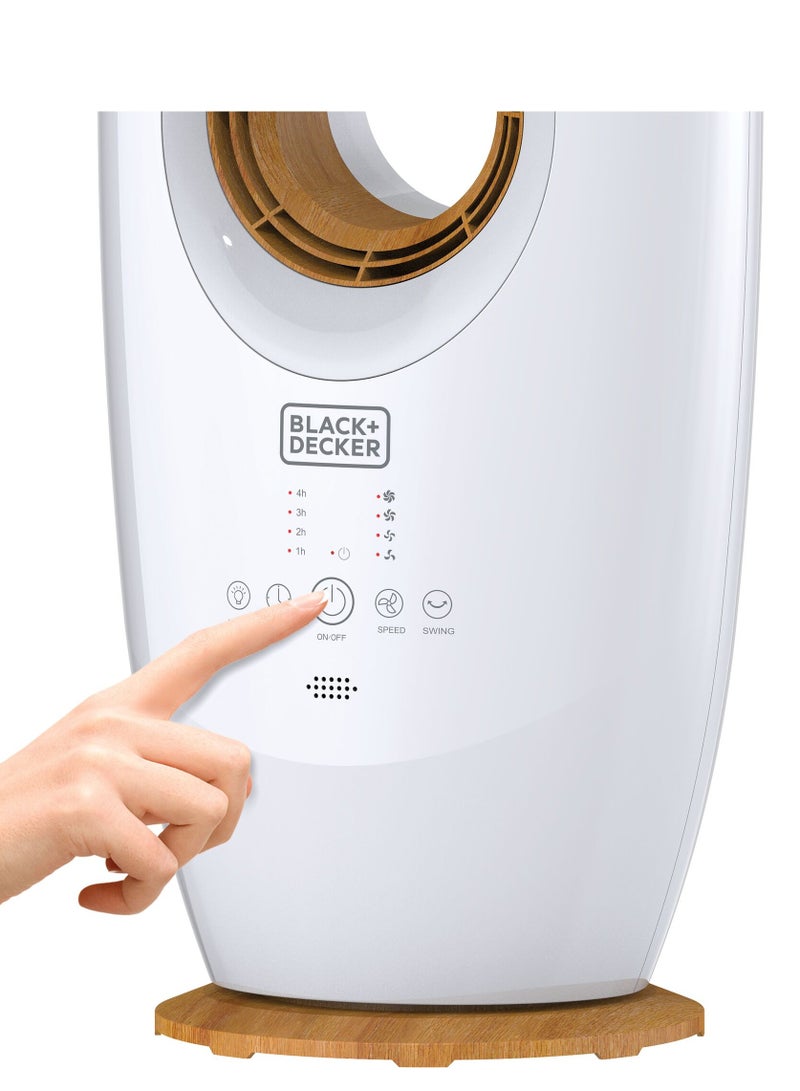 BLACK+DECKER - 2-in-1 Bladeless Fan With 85cm Height, Cool-White LED Lamp, Remote Control, 60° Wide Oscillation, 70W Motor, Low Noise, 40m² Area Coverage, Wooden Trim FBL85-B5 White - Image 1