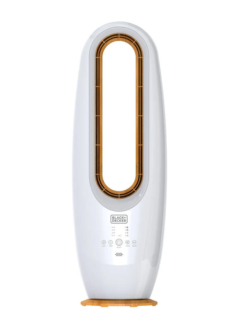 BLACK+DECKER 2-in-1 Bladeless Fan With 85cm Height, Cool-White LED Lamp, Remote Control, 60° Wide Oscillation, 70W Motor, Low Noise, 40m² Area Coverage, Wooden Trim FBL85-B5 White