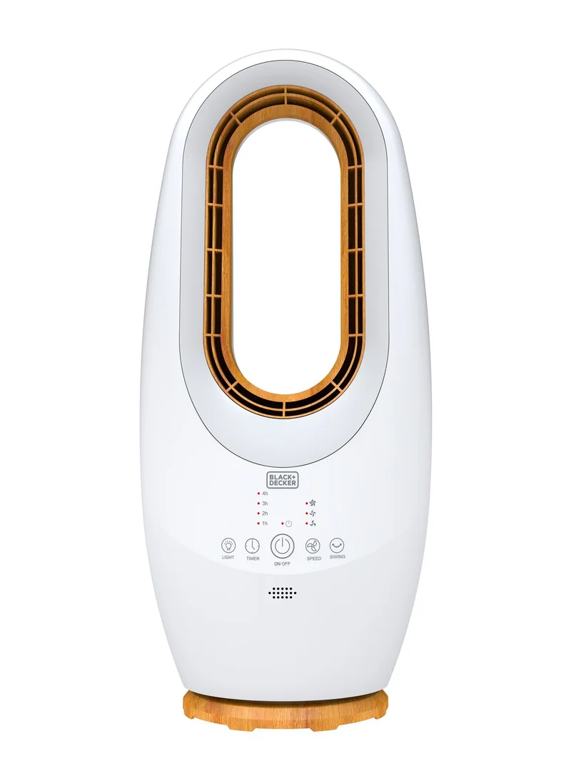 BLACK+DECKER 2-in-1 Bladeless Fan, 58cm With Cool-White LED Lamp, Remote Control, 60° Oscillation, 45W Tropical Motor, Low Noise, 20m² Area Coverage, Wooden Trim FBL58-B5 White