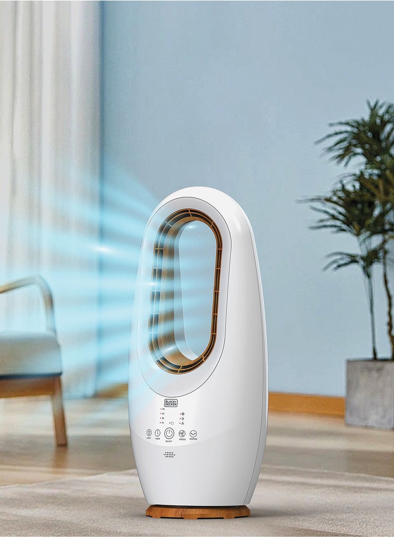 بلاك اند ديكر مروحة 2 في 1 بدون شفرات، ارتفاع 58 سم، مصباح LED أبيض بارد، جهاز تحكم عن بعد، تذبذب واسع 60 درجة، محرك استوائي 45 وات، ضوضاء منخفضة، تغطية منطقة 20 متر مربع، زخرفة خشبية  - Image 5