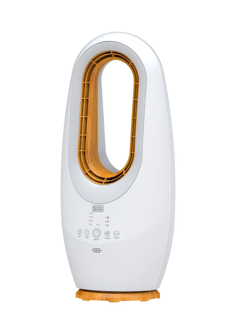BLACK+DECKER 2-in-1 Bladeless Fan, 58cm With Cool-White LED Lamp, Remote Control, 60° Oscillation, 45W Tropical Motor, Low Noise, 20m² Area Coverage, Wooden Trim FBL58-B5 White