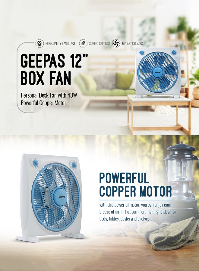 GEEPAS 12-Inch Box Fan With 3 Speed 60 Minutes Timer Portable Personal Desk Fan GF21113N Multicolour  - Image 2