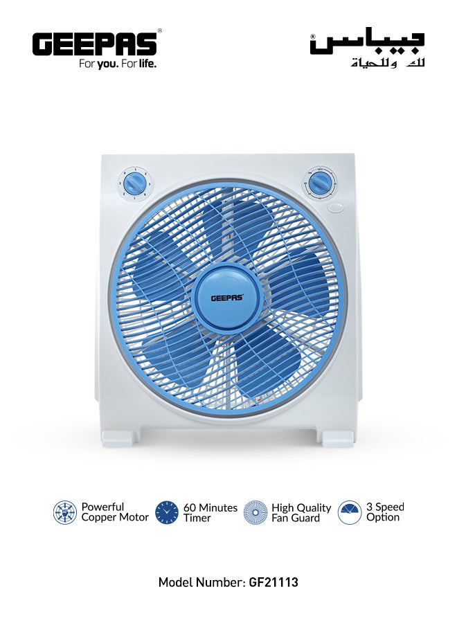 GEEPAS 12-Inch Box Fan With 3 Speed 60 Minutes Timer Portable Personal Desk Fan GF21113N Multicolour  - Image 1