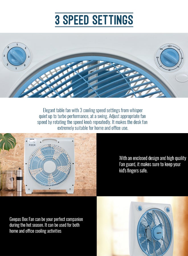 GEEPAS 12-Inch Box Fan With 3 Speed 60 Minutes Timer Portable Personal Desk Fan GF21113N Multicolour  - Image 5