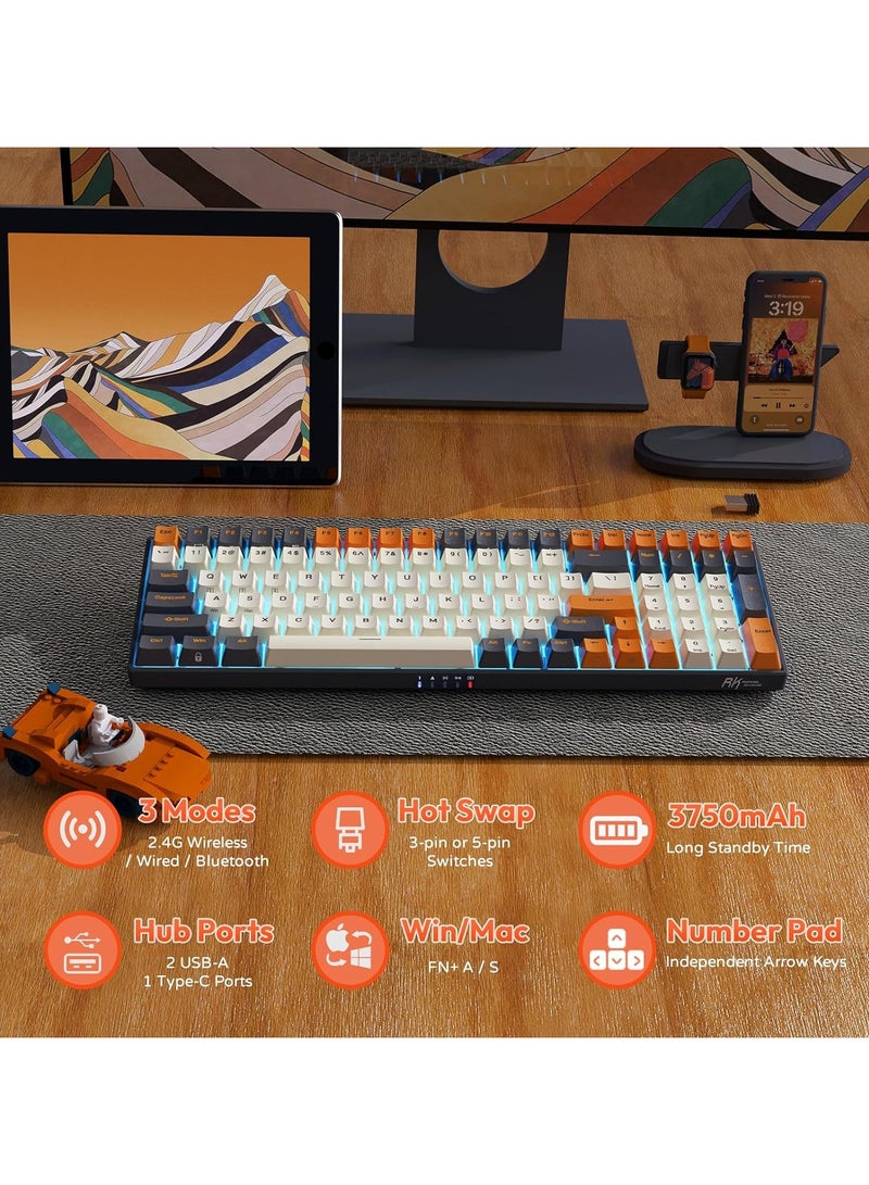 Royal Kludge - RK100 Tri - Mode 2.4G/BT5.1/USB-C RGB Backlit Full Size 100-Key Hot Swappable Gaming Keyboard Red Switch Carbon Wireless Mechanical Keyboard - Image 1