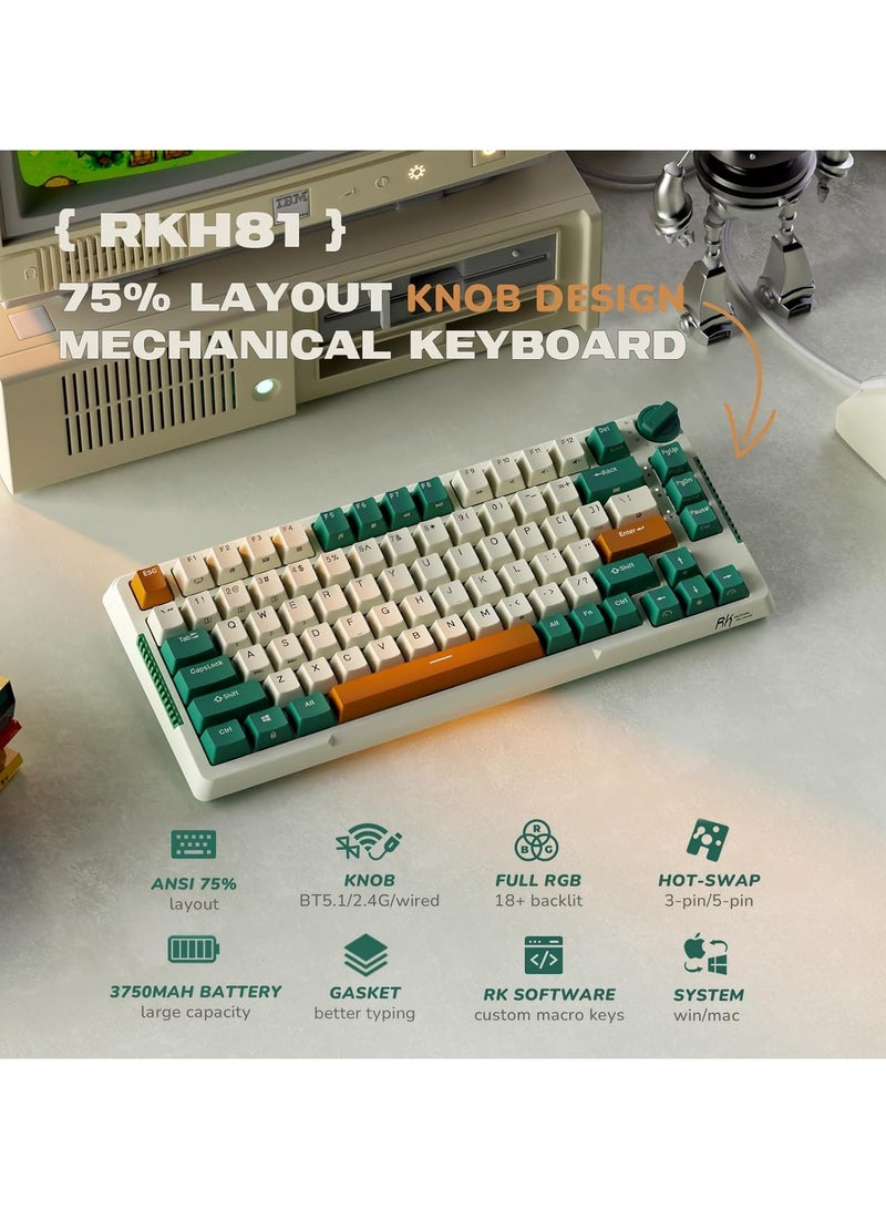 Royal Kludge - RKH81 Tri - Mode Wireless Mechanical Gaming Keyboard 2.4Ghz/BT5.1/USB-C Knob Control 75% Hot Swappable Gasket Mount with RGB Backlit 3750mAH Battery Sky Cyan Switch - Image 1