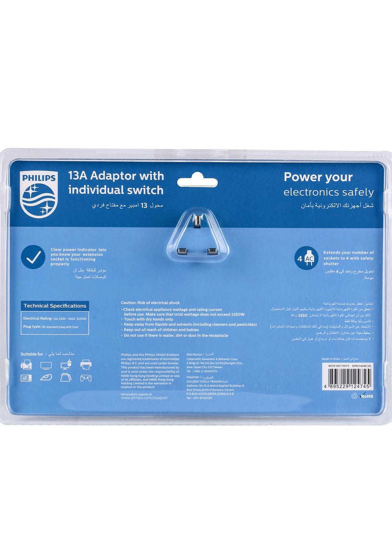 Philips Philips 13A Adapter with Individual Switch With 4 Sockets  - Image 4