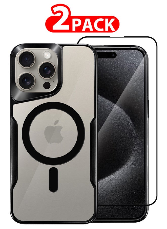 MARGOUN 2 Pack for iPhone 15 Pro Max Case and Screen Protector Magnetic Phone Case Slim Shockproof Cover New Design Electroplated Case Cover Black - Image 1