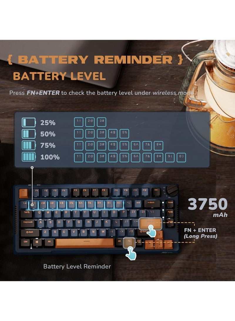 RKH81 Tri - Mode Wireless Mechanical Gaming Keyboard 2.4Ghz/BT5.1/USB-C Knob Control 75% Hot Swappable Gasket Mount with RGB Backlit 3750mAH Battery Sky Cyan Switch