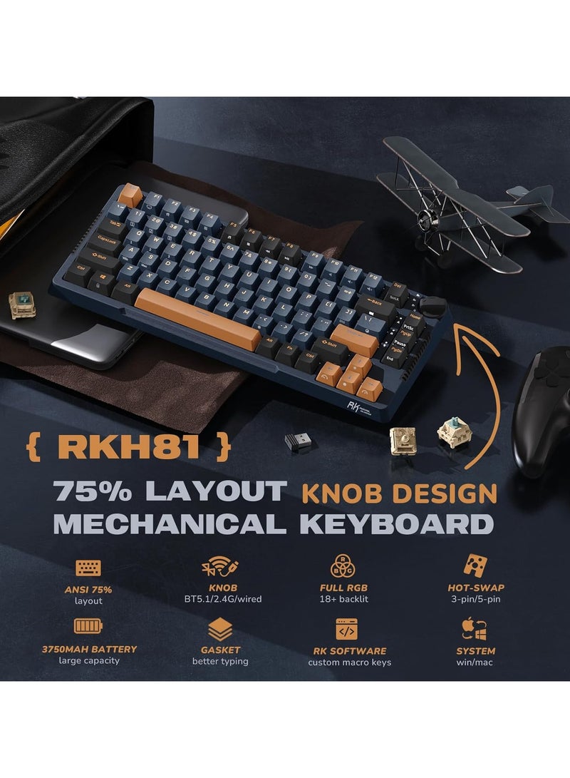 RKH81 Tri - Mode Wireless Mechanical Gaming Keyboard 2.4Ghz/BT5.1/USB-C Knob Control 75% Hot Swappable Gasket Mount with RGB Backlit 3750mAH Battery Sky Cyan Switch