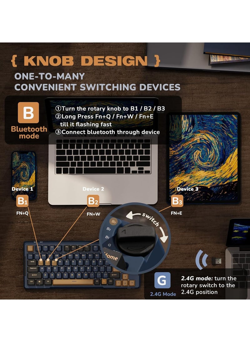 RKH81 Tri - Mode Wireless Mechanical Gaming Keyboard 2.4Ghz/BT5.1/USB-C Knob Control 75% Hot Swappable Gasket Mount with RGB Backlit 3750mAH Battery Sky Cyan Switch