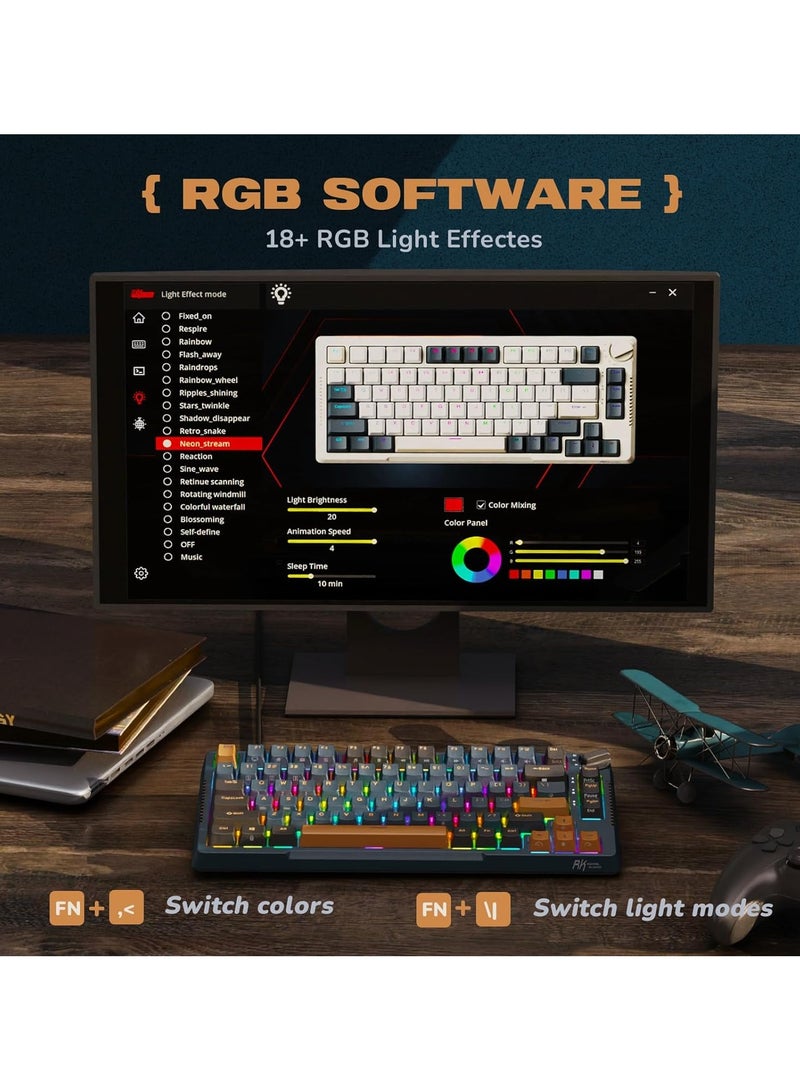RKH81 Tri - Mode Wireless Mechanical Gaming Keyboard 2.4Ghz/BT5.1/USB-C Knob Control 75% Hot Swappable Gasket Mount with RGB Backlit 3750mAH Battery Sky Cyan Switch