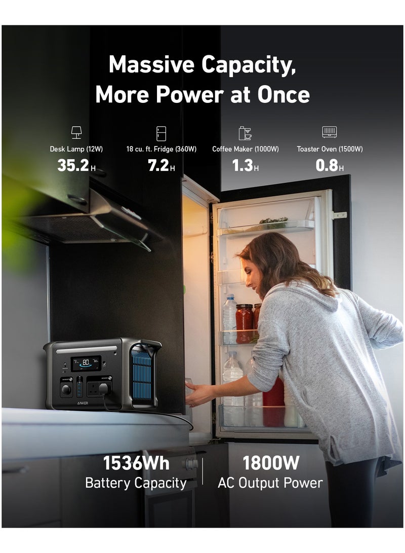 Anker - 300 Ah Anker SOLIX F1500 Portable Power Station, 1800W Solar Generator, PowerHouse Design, 1536Wh Battery Generators for Home Use, LiFePO4 Power Station for Outdoor Camping and RVs (Solar Panel Optional) Black - Image 1