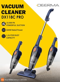 Pro 2-in-1 Handheld Vacuum Cleaner 15kPa Strong Suction Powerful Lightweight/5M Power Cable | HEPA Filtration Upright & Handheld Dual-Usage Transparent Dust Cup & Hook Design - 1.2 L 600 W DX118C-PRO Blue