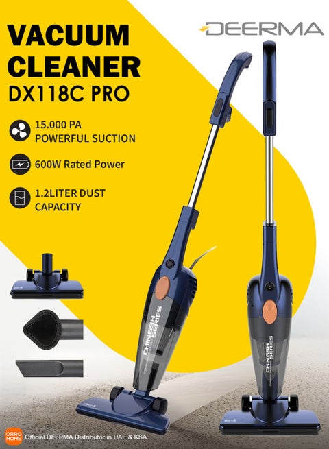 Pro 2-in-1 Handheld Vacuum Cleaner 15kPa Strong Suction Powerful Lightweight/5M Power Cable | HEPA Filtration Upright & Handheld Dual-Usage Transparent Dust Cup & Hook Design - 1.2 L 600 W DX118C-PRO Blue