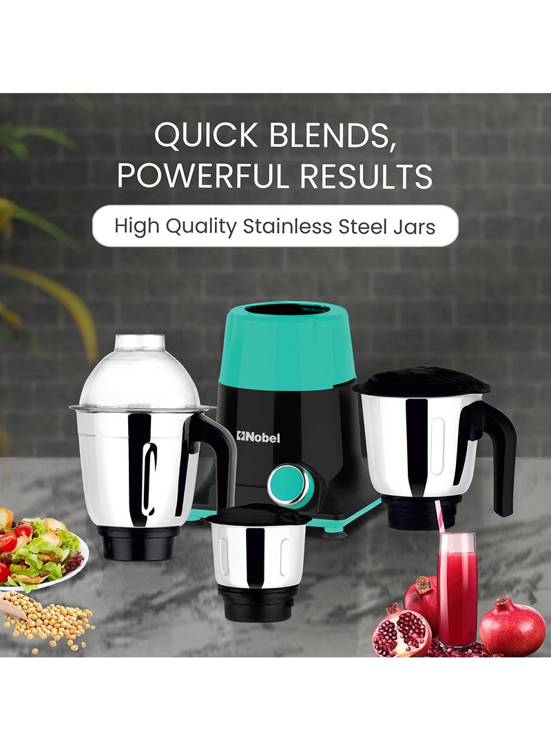 Nobel 3 In 1 Mixer Grinder with Wet Grinding Jar, Dry Grinding Jar, Chutney Jar, 3 Speed Control with Pulse Function, Powerful Motor, Stainless Steel Jars & Blades, Made In India - 550 W NB301SS Black/Green  - Image 3