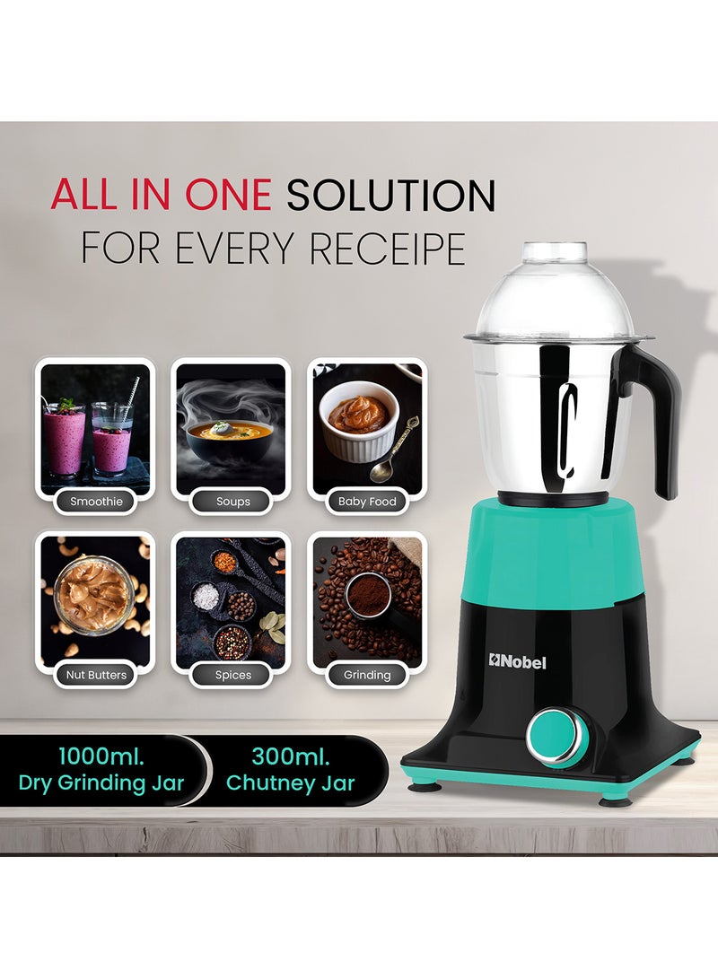 Nobel 3 In 1 Mixer Grinder with Wet Grinding Jar, Dry Grinding Jar, Chutney Jar, 3 Speed Control with Pulse Function, Powerful Motor, Stainless Steel Jars & Blades, Made In India - 550 W NB301SS Black/Green  - Image 4
