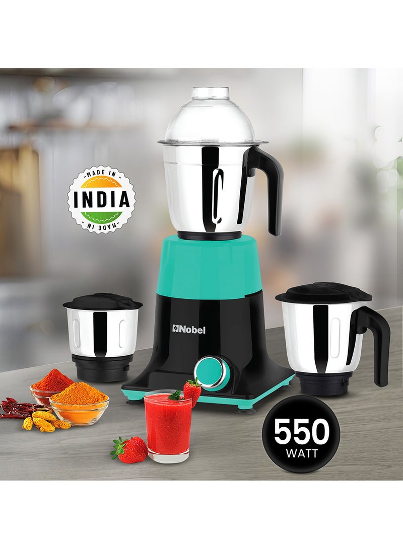 Nobel 3 In 1 Mixer Grinder with Wet Grinding Jar, Dry Grinding Jar, Chutney Jar, 3 Speed Control with Pulse Function, Powerful Motor, Stainless Steel Jars & Blades, Made In India - 550 W NB301SS Black/Green  - Image 2