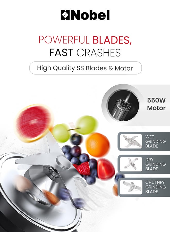 نوبل مطحنة وخلاط 3 في 1 مع وعاء طحن رطب ووعاء طحن جاف ووعاء صلصة، و3 سرعات للتحكم مع وظيفة النبض، ومحرك قوي وبرطمانات وشفرات من الفولاذ المقاوم للصدأ، صنع في الهند - - Image 4