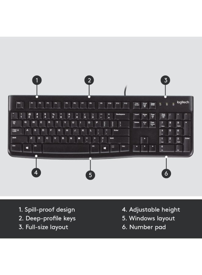 لوجيتيك K120 Wired Keyboard For Windows, USB Plug and Play, Full Size, Spill Resistant, Curved Space bar PC / Laptop, English Layout Black - Image 2