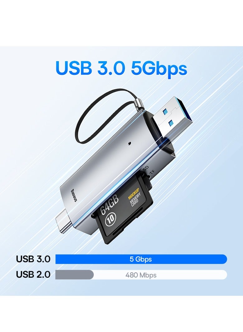 Baseus - SD Card Reader, 2-in-1 USB 3.0 Type C OTG Memory Card Reader High-Speed for SD/Micro SD/SDHC/SDXC/MMC, Compatible with iPhone 15 Pro Max, MacBook Pro/Air, Chromebook, Android, Samsung, Huawei and More Grey - Image 1