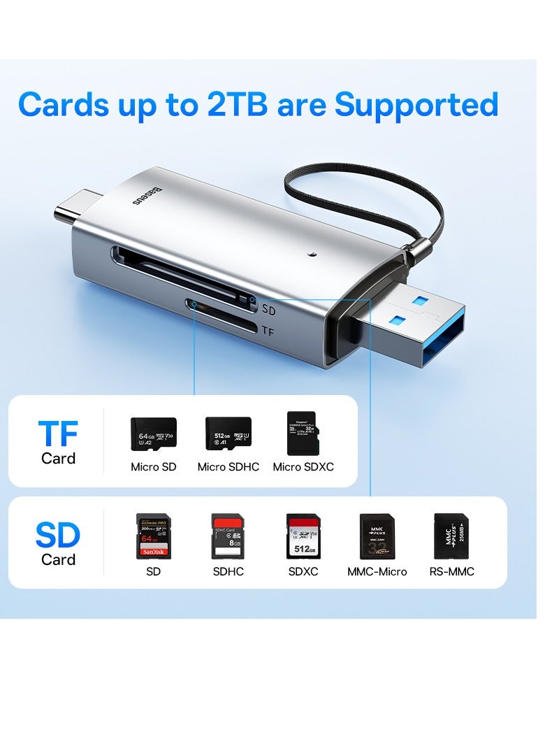 Baseus - SD Card Reader, 2-in-1 USB 3.0 Type C OTG Memory Card Reader High-Speed for SD/Micro SD/SDHC/SDXC/MMC, Compatible with iPhone 15 Pro Max, MacBook Pro/Air, Chromebook, Android, Samsung, Huawei and More Grey - Image 1