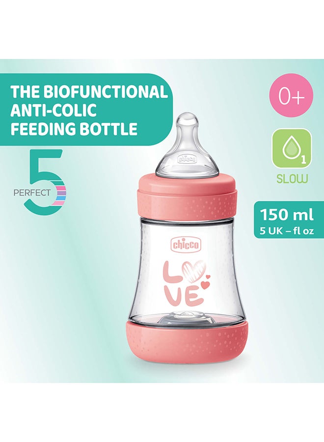 Chicco Perfect 5 Feeding Bottle 150, Slow Flow, 0 Months+, Silicone, Pink - Image 2