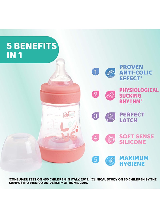 Chicco Perfect 5 Feeding Bottle 150, Slow Flow, 0 Months+, Silicone, Pink - Image 3