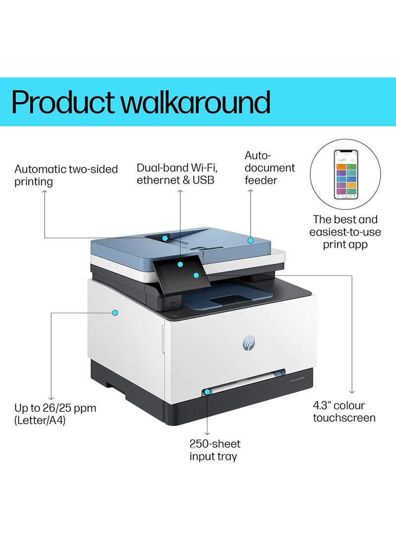 HP - Color LaserJet Pro MFP 3303fdw Printer, Print Speed Up to 25 ppm, Ethernet, USB, Wi-Fi, Dynamic Security Enabled, 100 Sheets Output Tray, 4.3" Diagonal Color TFT Display | 499M8A White/Grey - Image 1