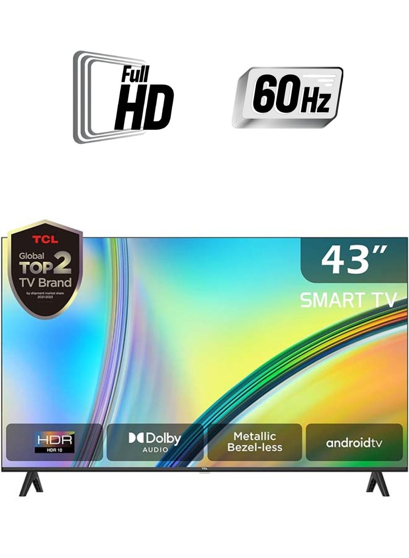 TCL 43 Inch FHD Smart Android TV, HDR 10, Dolby Audio, Micro Dimming, Metallic Bezel-less Design (2024 Model) 43S5400A Black  - Image 1