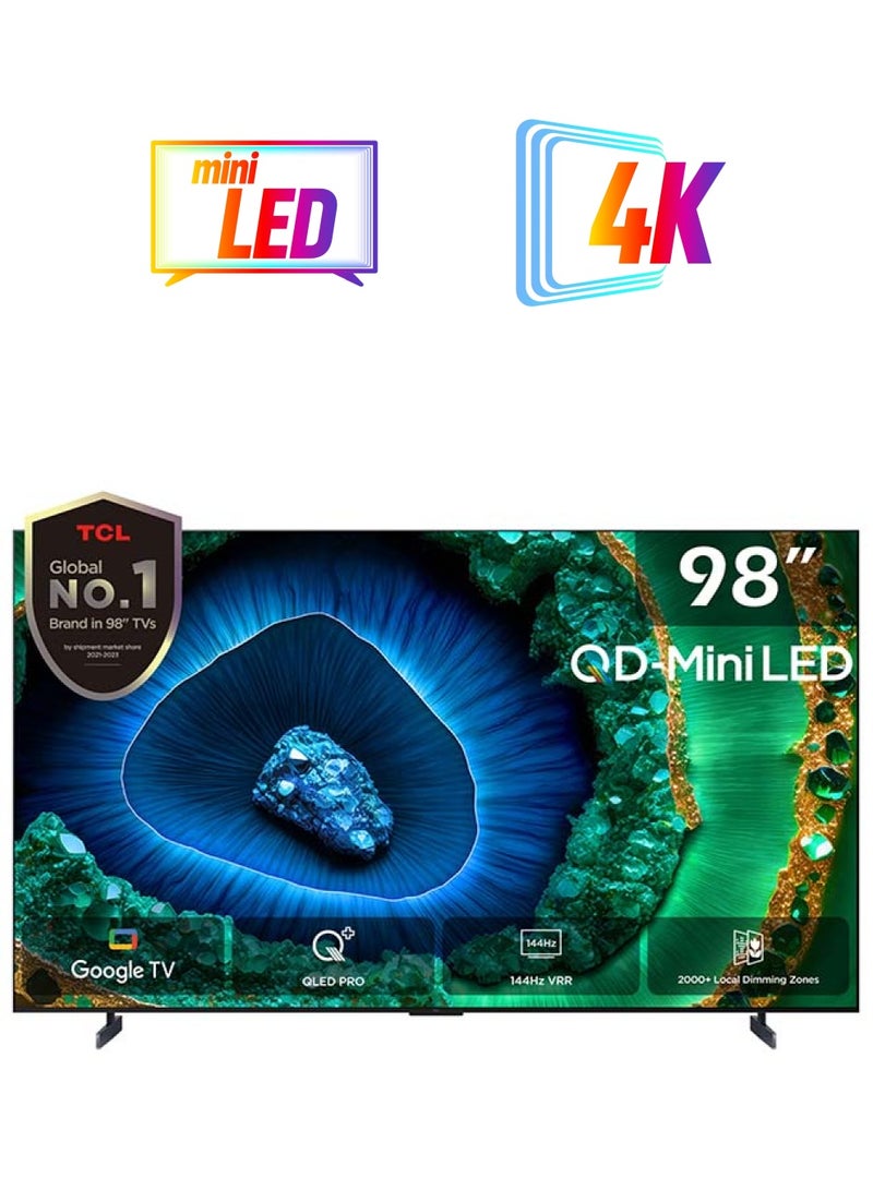 TCL Television 98 Inch Smart TV 4K QD-Mini LED HDR  Google TV, 3500nits, ONKYO 2.2.2ch, 144Hz VRR+240Hz DLG, Imax Enhanced, Ultra-slim Design - 1 Year Warranty (2024 Model) 98C855 Black  - Image 1