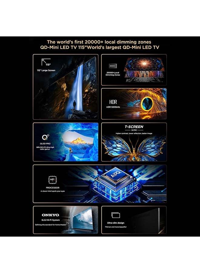 TCL 115 Inch 4K Premium QD-Mini LED Smart Google TV, 20000+ Local Dimming Zones, HDR 5000nits, 144Hz VRR+240Hz DLG, Ultra-slim Design (2024 Model) 115X955-MAX Black  - Image 4