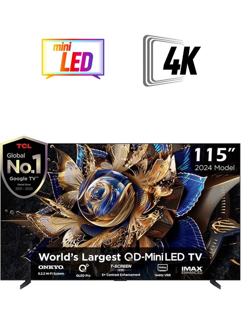 TCL 115 Inch 4K Premium QD-Mini LED Smart Google TV, 20000+ Local Dimming Zones, HDR 5000nits, 144Hz VRR+240Hz DLG, Ultra-slim Design (2024 Model) 115X955-MAX Black  - Image 1