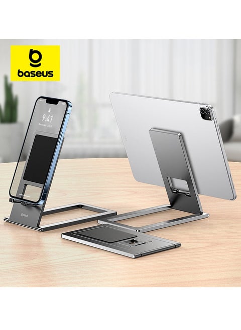 Universal Tablet Cell Phone Stand, Portable Mobile Phone Holder, Adjustable iPad/iPhone Stand for Desk, Foldable View Angle Stand, Stable Alloy Metal Mobile Stand, For iPad, iPhone 15 Series and more Grey