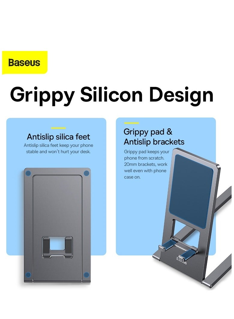 Universal Tablet Cell Phone Stand, Portable Mobile Phone Holder, Adjustable iPad/iPhone Stand for Desk, Foldable View Angle Stand, Stable Alloy Metal Mobile Stand, For iPad, iPhone 15 Series and more Grey