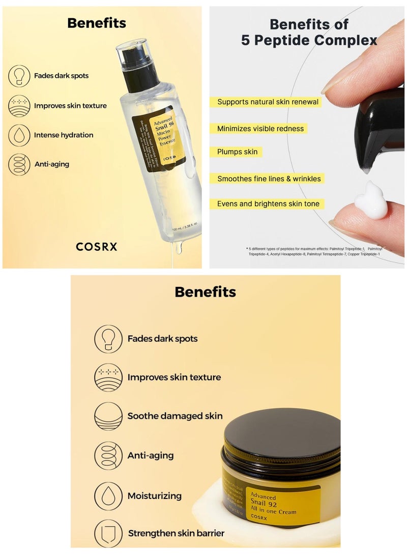 Cosrx - Complete Snail Skincare Pack 4 and Face Massage Roller Advanced Snail 96 Mucin Power Essence, 92 All-in-One Cream, Peptide Eye Cream, and Mucin Gel Cleanser 375ml - Image 1