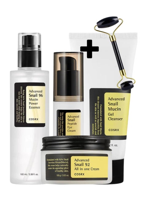 Complete Snail Skincare Pack 4 and Face Massage Roller Advanced Snail 96 Mucin Power Essence, 92 All-in-One Cream, Peptide Eye Cream, and Mucin Gel Cleanser 375ml
