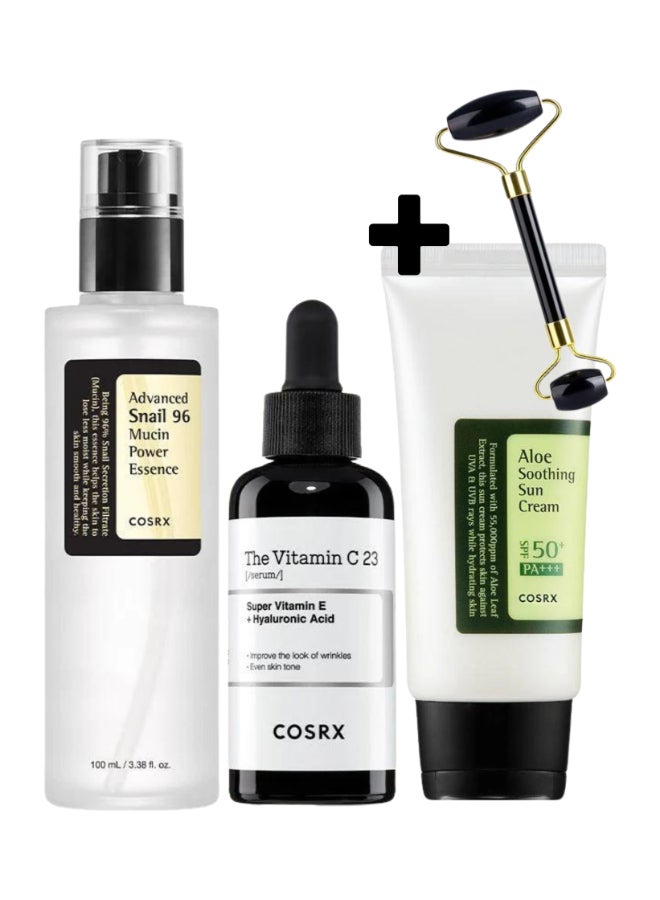 COSRX Ultimate Skincare Renewal Trio and Face Massage Roller - Advanced Snail 96 Mucin Power Essence, The Vitamin C 23 Serum, and Aloe Soothing Sun Cream SPF50+/ PA+++ 170ml - Image 1