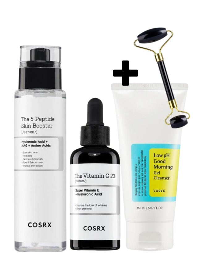 Radiant Glow Set & Face Massage Roller - The 6 Peptide Skin Booster - Vitamin C 23 Serum - Low pH Good Morning Gel Cleanser - Embrace Effortless Radiance for Your Skin 320ml