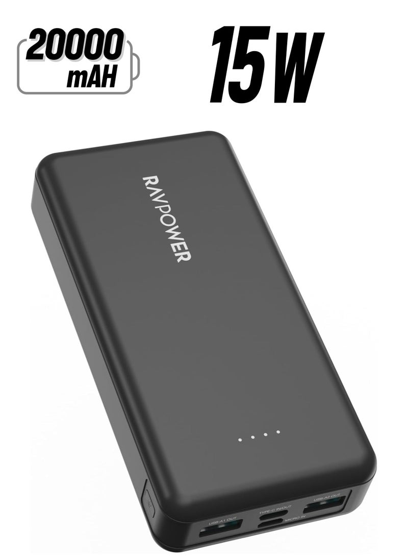 RAVPOWER - 20000 mAh Dual USB Port Type C And Micro USB Power Bank 15W Black - Image 1