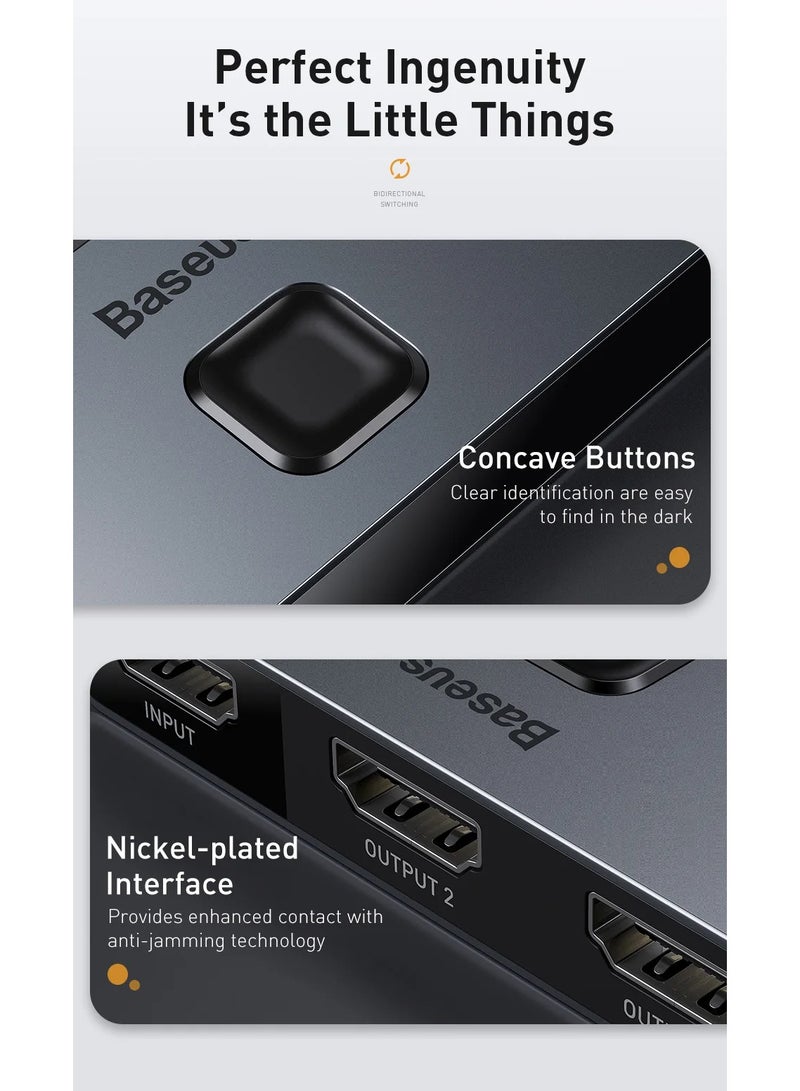 Baseus - 2 In 1 Out HDMI Switch, Bi-Directional HDMI Splitter, Easy Switch HDMI Selector Support 4K@60Hz, HDR, 3D, HDCP Compatible for TV Box, PS4, Laptop, PC HDTV Projector, Display Monitor Etc Grey - Image 1