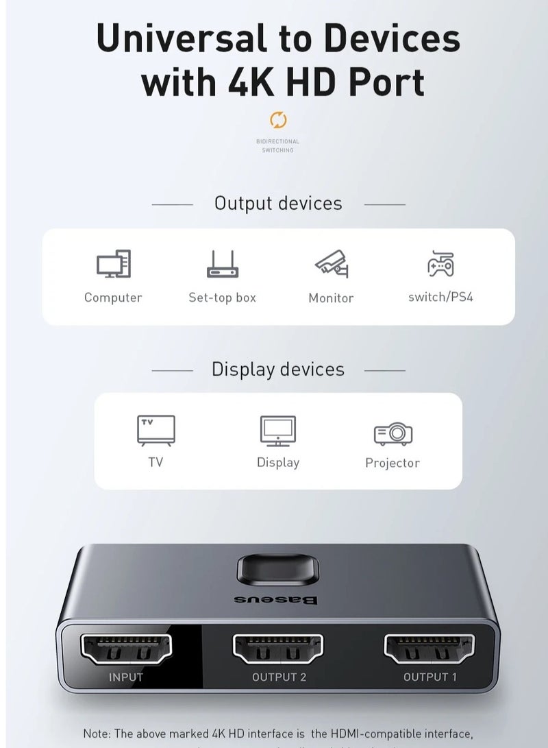 Baseus - 2 In 1 Out HDMI Switch, Bi-Directional HDMI Splitter, Easy Switch HDMI Selector Support 4K@60Hz, HDR, 3D, HDCP Compatible for TV Box, PS4, Laptop, PC HDTV Projector, Display Monitor Etc Grey - Image 1
