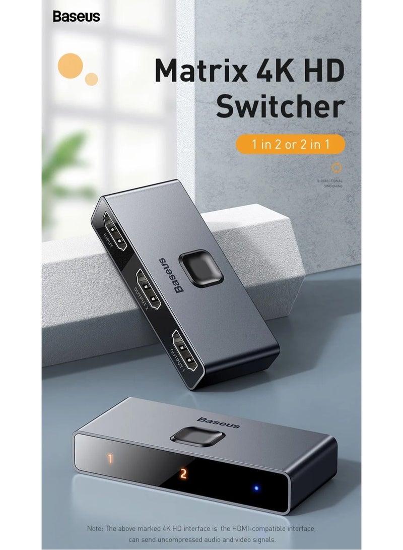Baseus - 2 In 1 Out HDMI Switch, Bi-Directional HDMI Splitter, Easy Switch HDMI Selector Support 4K@60Hz, HDR, 3D, HDCP Compatible for TV Box, PS4, Laptop, PC HDTV Projector, Display Monitor Etc Grey - Image 1