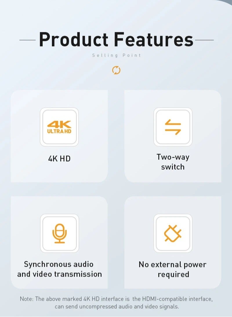 Baseus - 2 In 1 Out HDMI Switch, Bi-Directional HDMI Splitter, Easy Switch HDMI Selector Support 4K@60Hz, HDR, 3D, HDCP Compatible for TV Box, PS4, Laptop, PC HDTV Projector, Display Monitor Etc Grey - Image 1