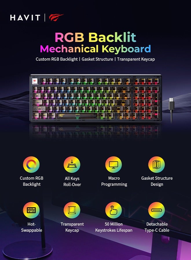 havit - Wired Gaming Keyboard with RGB Backlit LED, Multimedia Keys, Number Pad, 90 Keys, USB, for Desktop Computers with Windows - Image 1