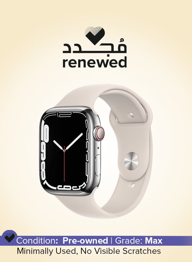 Apple - Renewed - Watch Series 7 (GPS + Cellular, 45MM) Silver Stainless Steel Case With Sport Band Starlight - Image 1