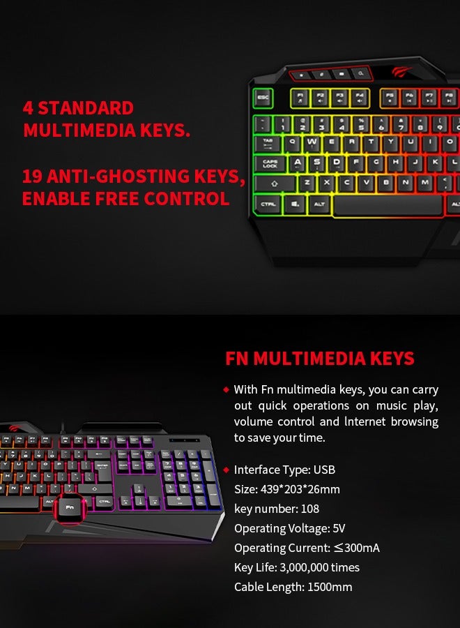 havit - Gaming Keyboard Wired Keyboard 108 Keys with RGB Backlit backlight Wrist Rest for PC Mac Xbox Gamer Office - Image 1