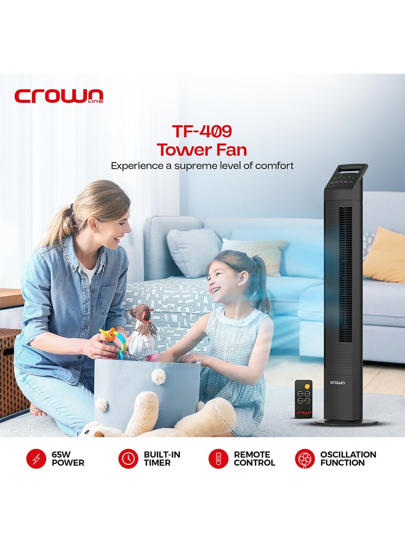 كراون لاين TF-409 | مروحة برجية مقاس 44 بوصة، 3 إعدادات للسرعة، 3 أوضاع للرياح، مؤقت لمدة 8 ساعات، ≤58 ديسيبل، تذبذب 80 درجة، شاشة LED، وجهاز تحكم عن بعد | قوة 65 وات، 220-240 فولت، 50 هرتز.  - Image 3