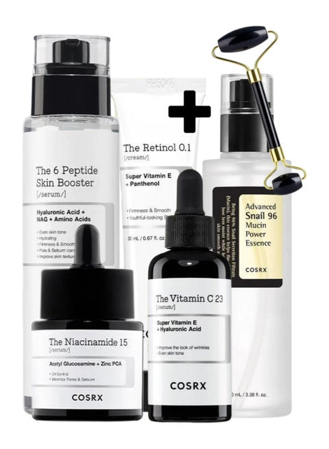 Complete Skincare Routine & Face Massage Roller - Advanced Snail 96 Mucin Power Essence, Snail 92 All in One Cream, Retinol 0.1 Cream, Niacinamide 15 Serum, and 6 Peptide Skin Booster Serum 390ml